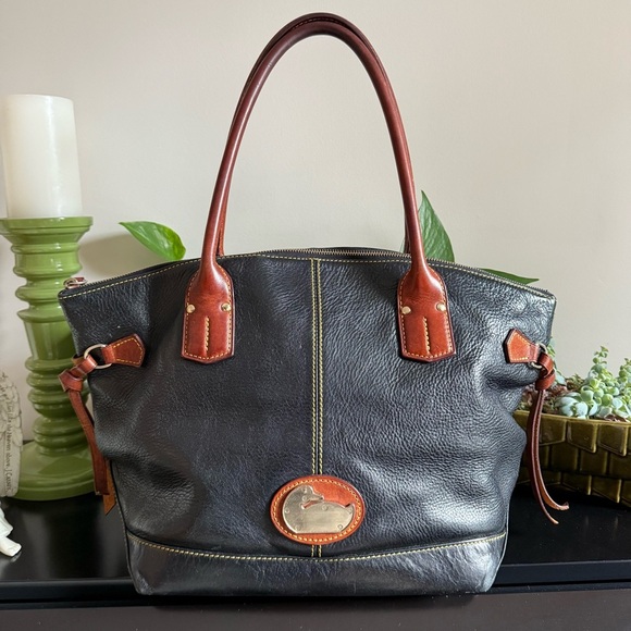 DOONEY & BOURKE Champosa Black Brown Pebbled Leather Satchel Handbag XL - Picture 1 of 13